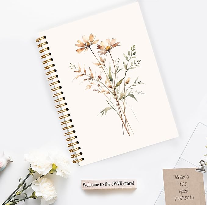 JWVK Retro Neutral Flower Spiral Notebook, Boho Floral Botanical Notebooks - Image 3