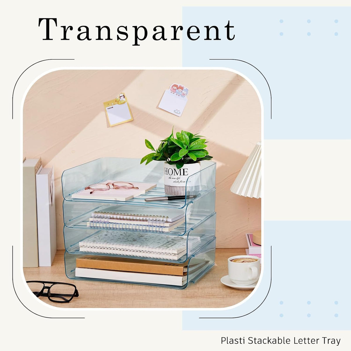 Harloon 4 Tier Clear Blue Acrylic Paper Organizer Letter Tray, Aesthetic Stac...