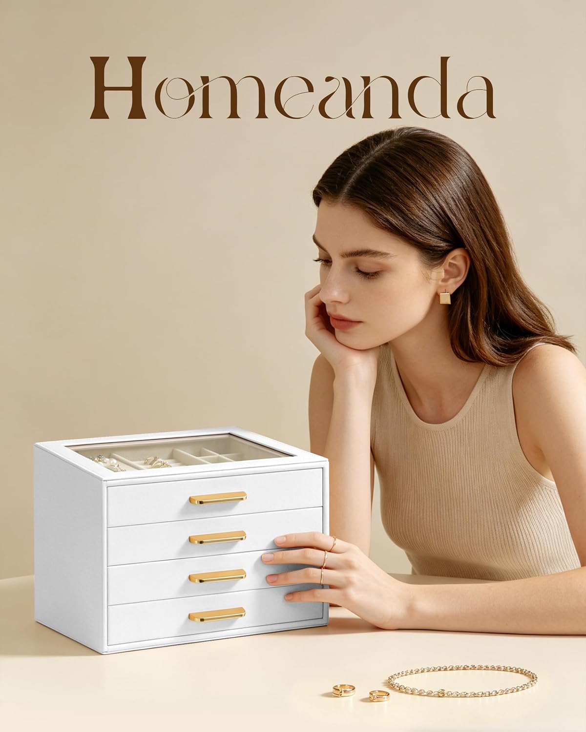 Homeanda Jewelry Boxes Organizer with Glass Lid, 4-Layer PU Leather, White