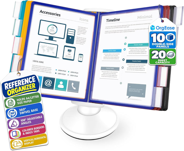 10-Pocket Desk Reference Organizer with 360° Swivel Base & 10 Double-Sided Panels Holds 20 Sheets A4/Letter Size Paper, Fast Flip & Find Desktop Reference System with Colored Index Tabs, White
