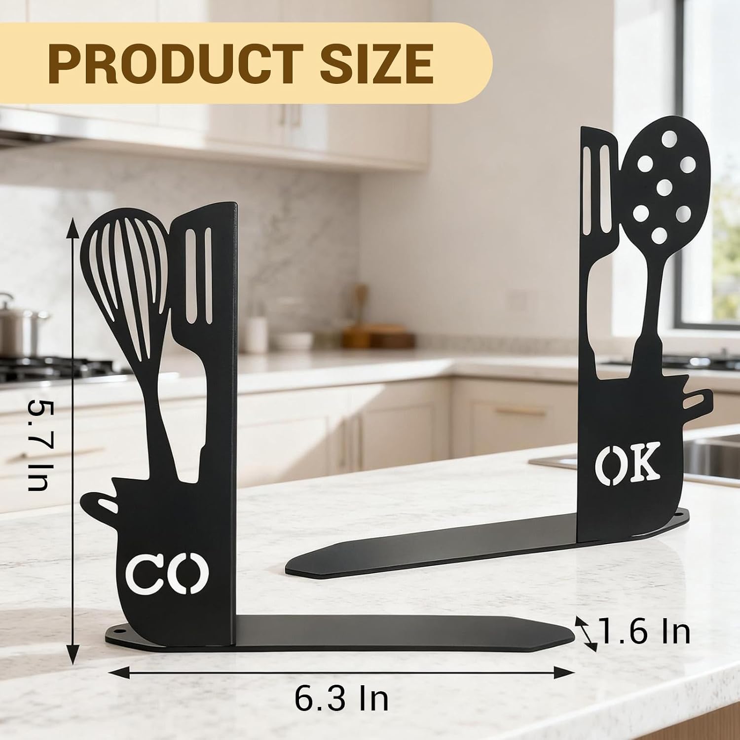 ENCIMART Metal Book Ends for Shelves, Kitchen Bookends Home Decorative Bookends for Heavy Books, Unique Cute Cookbook Organizer Book Holder for Kitchen Housewarming Cooking Book Lover Gifts, Black