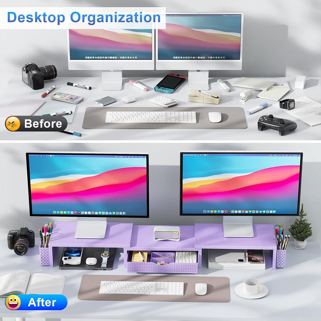 gianotter dual monitor stand riser with drawer and shown in use