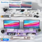 gianotter dual monitor stand riser with drawer and shown in use