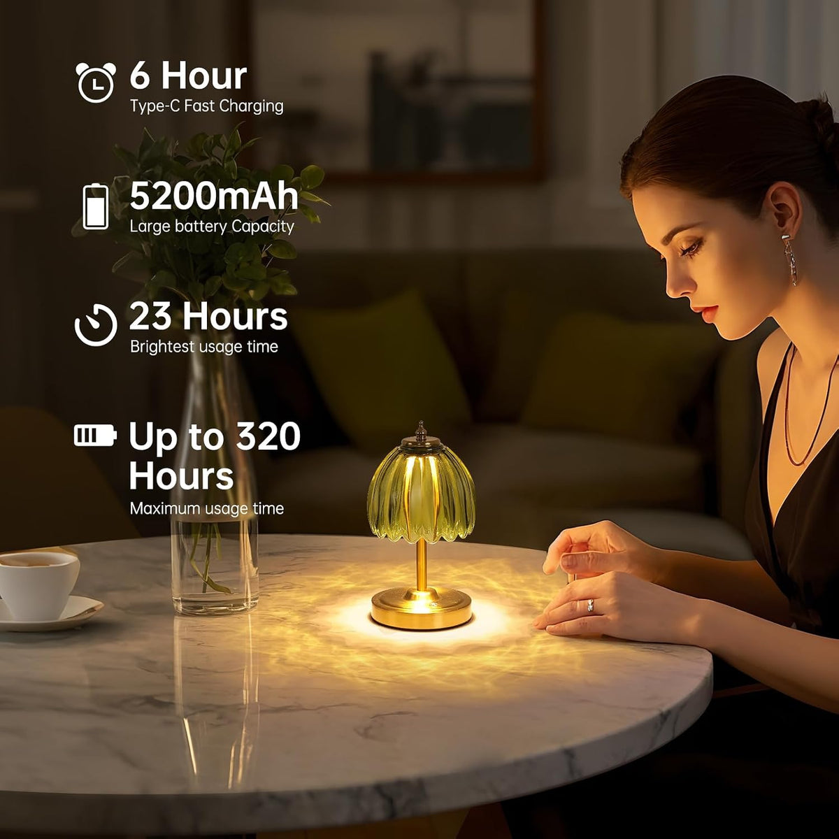Shenmoyl Tulip Small Table Lamp, 5200mAh Cordless Touch Control Mini Table La...
