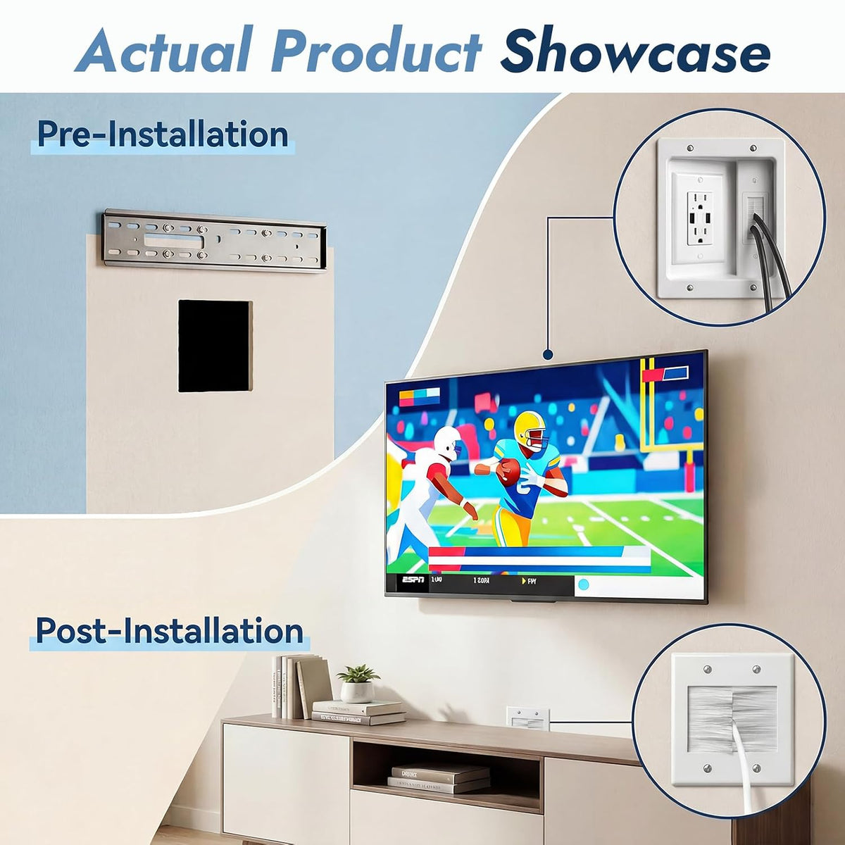 in-Wall Cable Management Kit, Recessed TV Outlet Box with Dual AC + 2 USB Por...