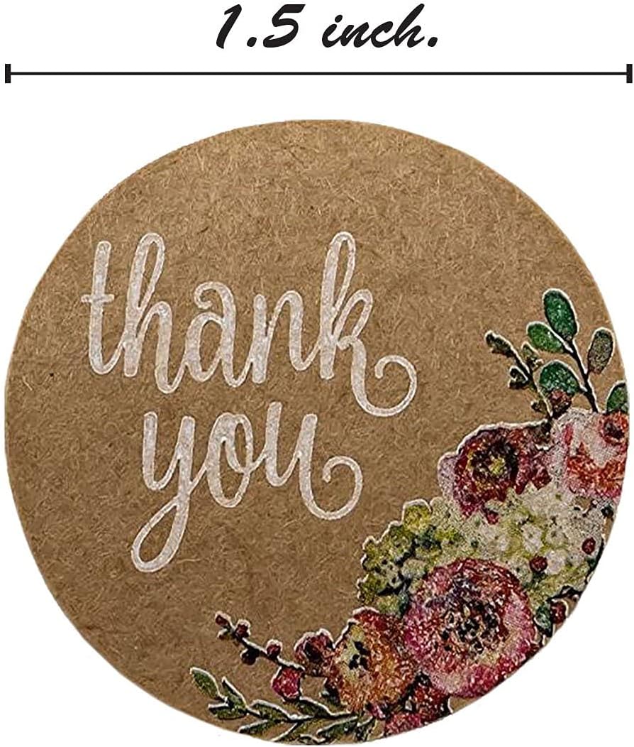 Brown Kraft Floral Thank You Stickers / 1000 Thanks Flowers Labels Roll / 1.5" Round Envelope Seals/Made in The USA