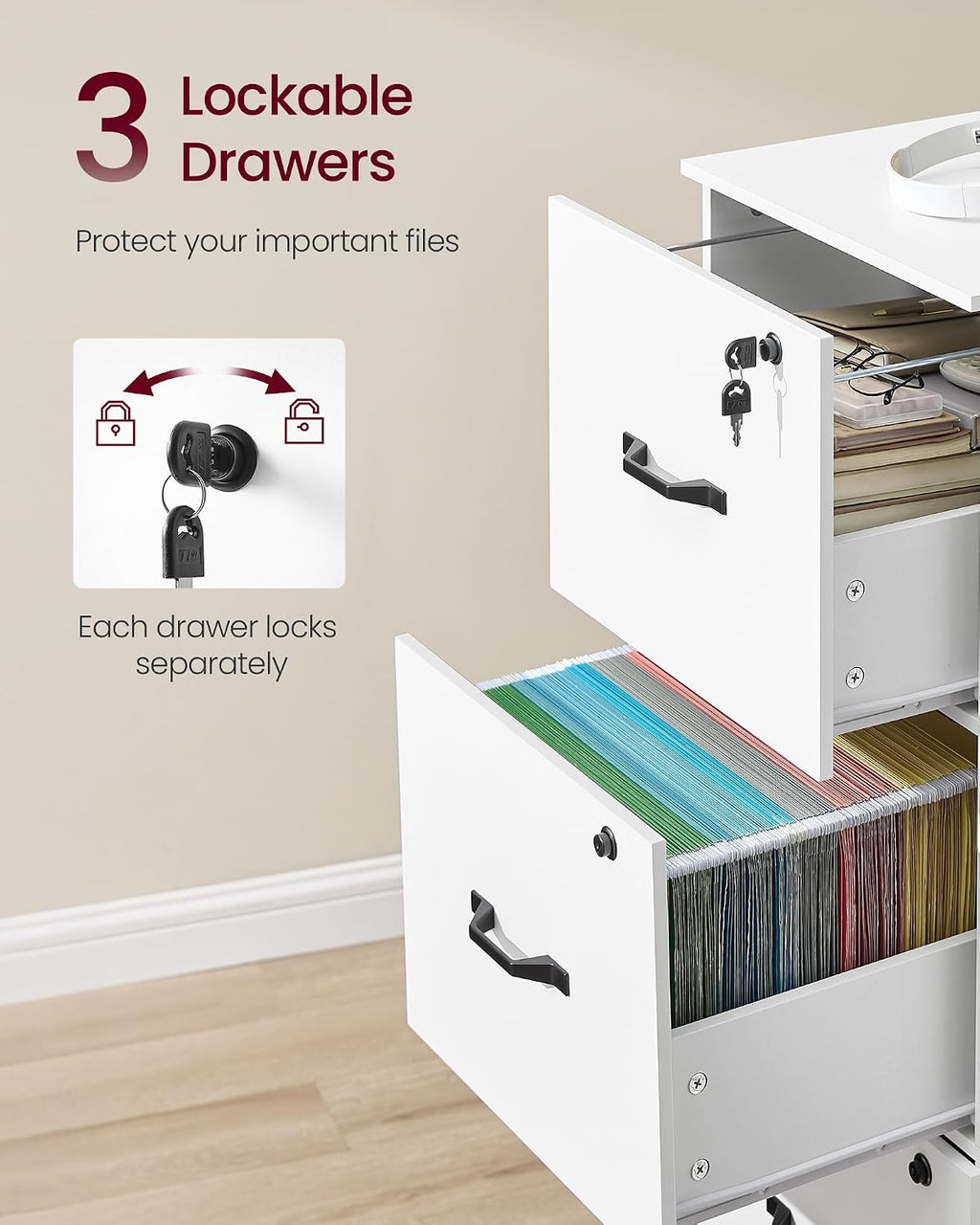 vasagle 3 drawer file cabinet with locks, for, side view