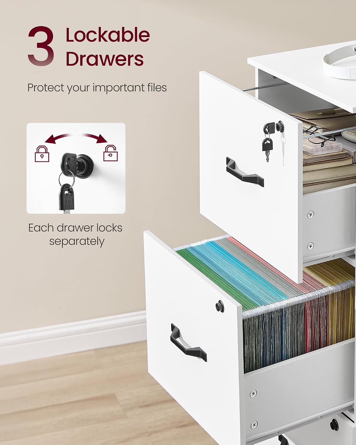 vasagle 3 drawer file cabinet with locks, for, side view
