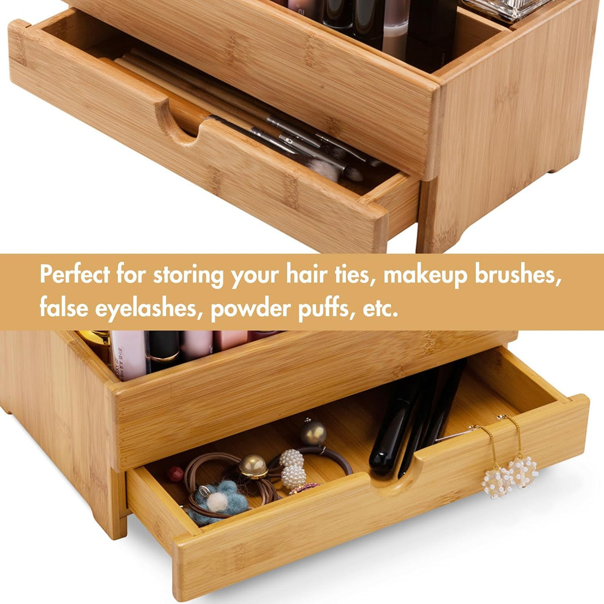GOBAM Bamboo Makeup Organizer and Storage with Drawer, Wooden Cosmetic Organi...