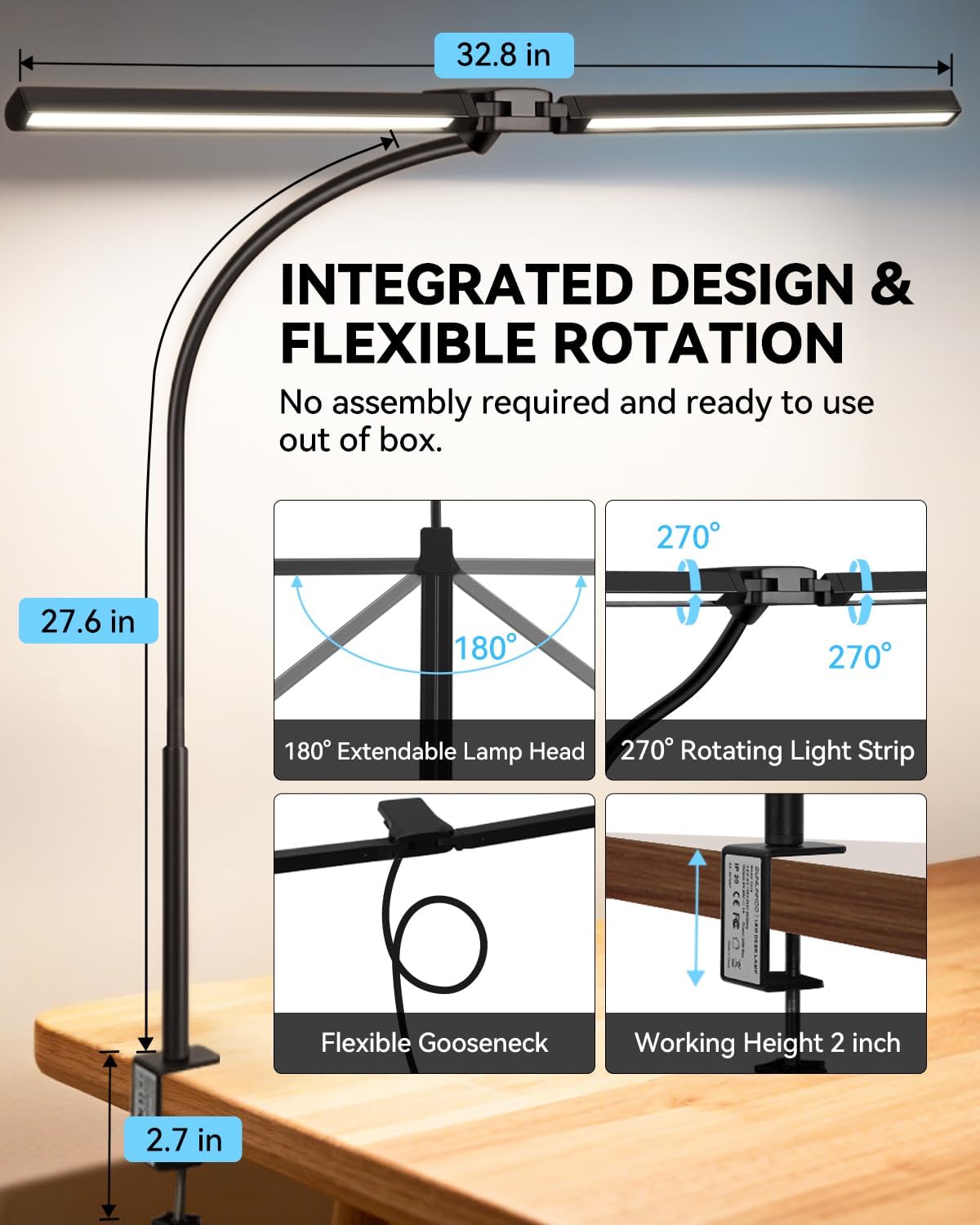 LED Desk Lamp for Home Office, Stepless Dimming Architect Lamp with Clamp