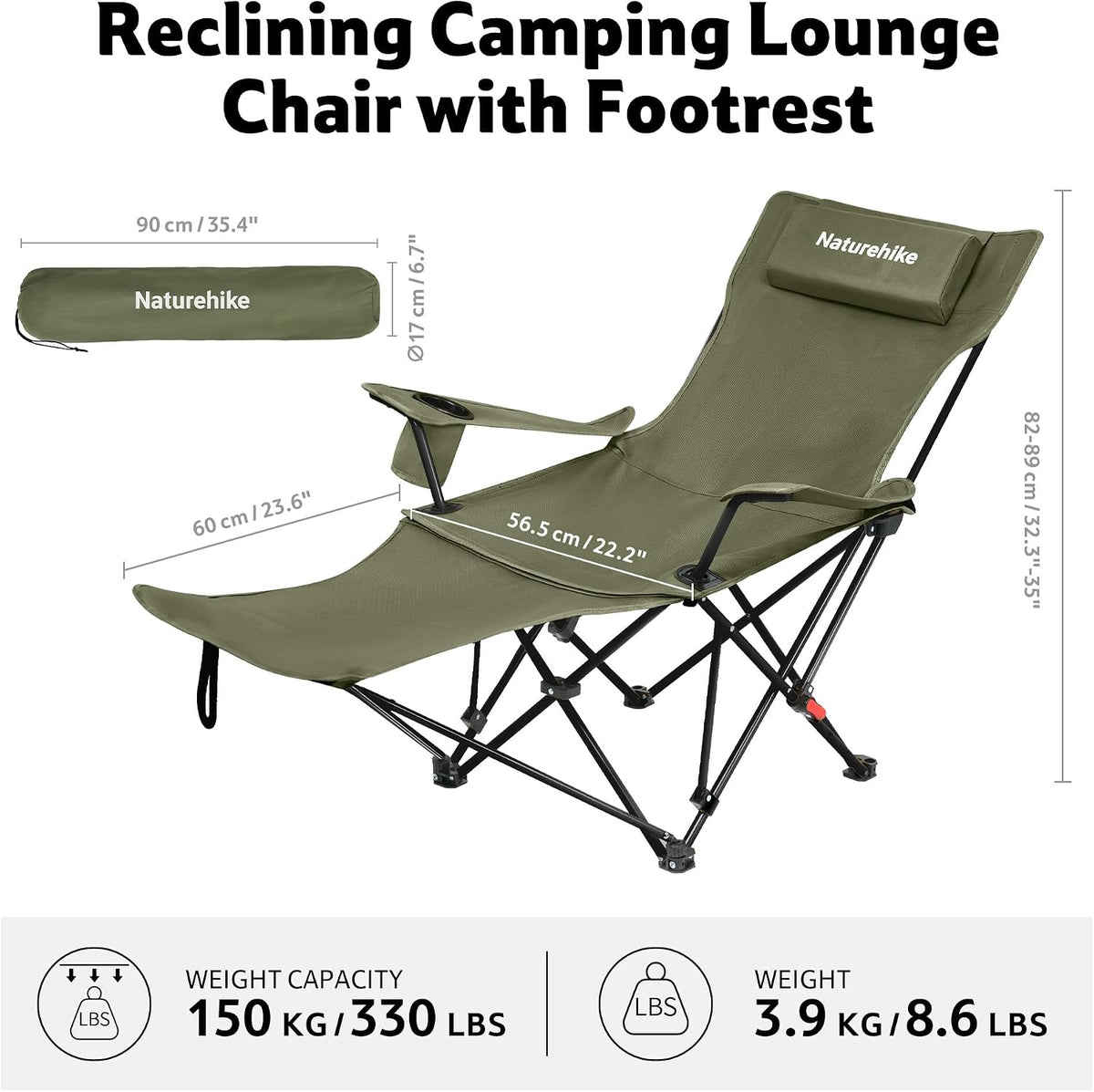 Naturehike 3-Position Adjustable Recliner with Footrest, Heavy Duty Folding C...