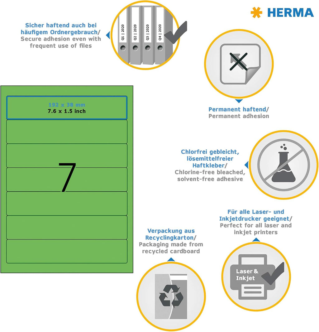 HERMA Self Adhesive Lever Arch File Labels, 7 Labels Per A4 Sheet, 140 Labels for Printers, Green, 192 x 38 mm (5094)