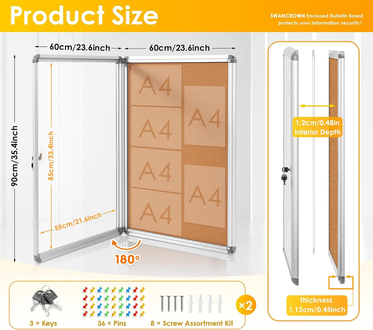 SWANCROWN 36x24 in Enclosed Bulletin Board, Lockable Cork Board, Pack of 2