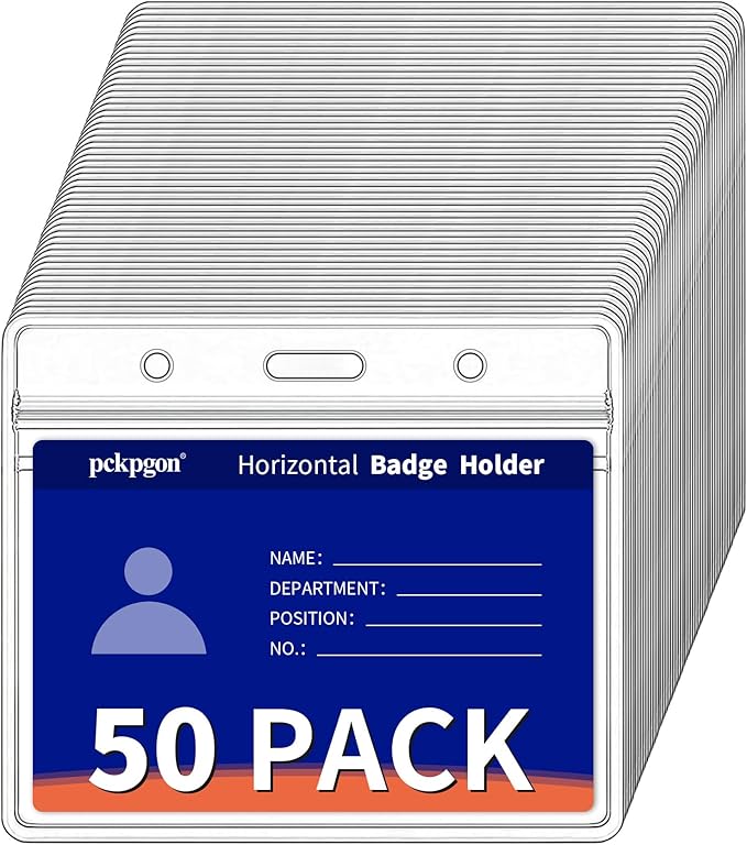 50 Pack Horizontal ID Badge Holder, Work Name Tag Sleeve Badges Protector Cover by pckpgon