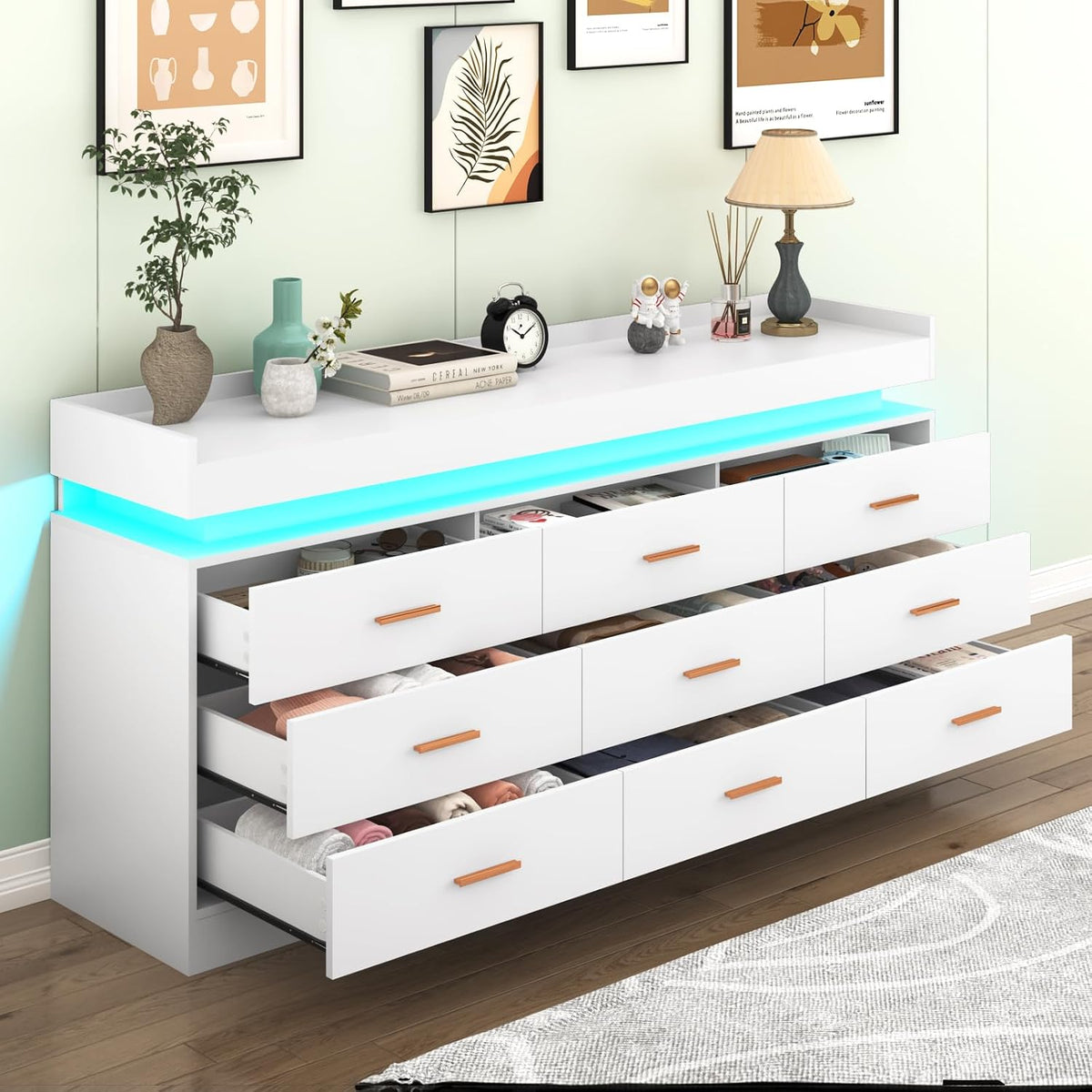 Hlivelood 9 Drawer Dresser with LED Light and Charging Station, Modern Chest ...
