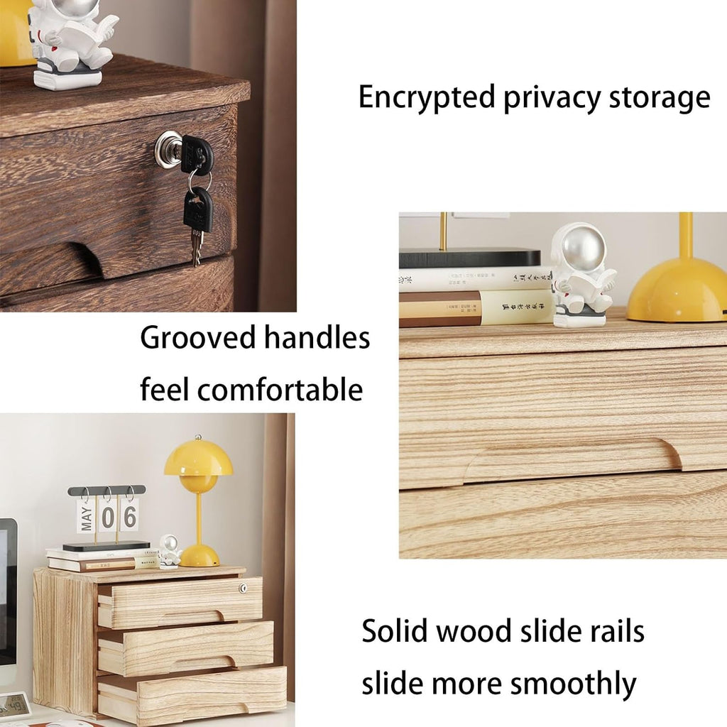 Solid Wood Desktop File Cabinet with Lock 3 Drawer Office Storage Box for nizing Documents Flat File,A-3 Layer