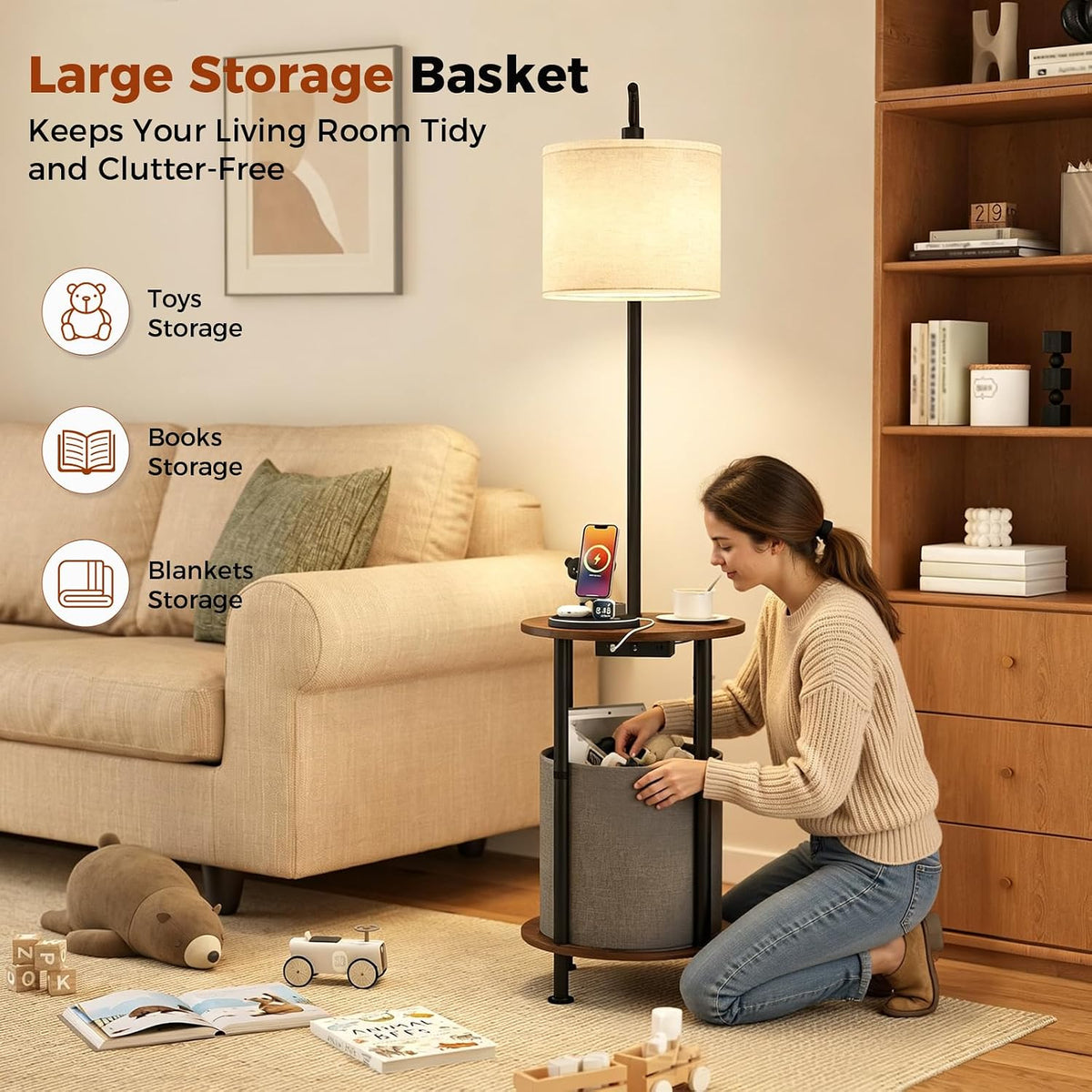 Floor Lamp with Table,Nightstand with Charging Station Living Room