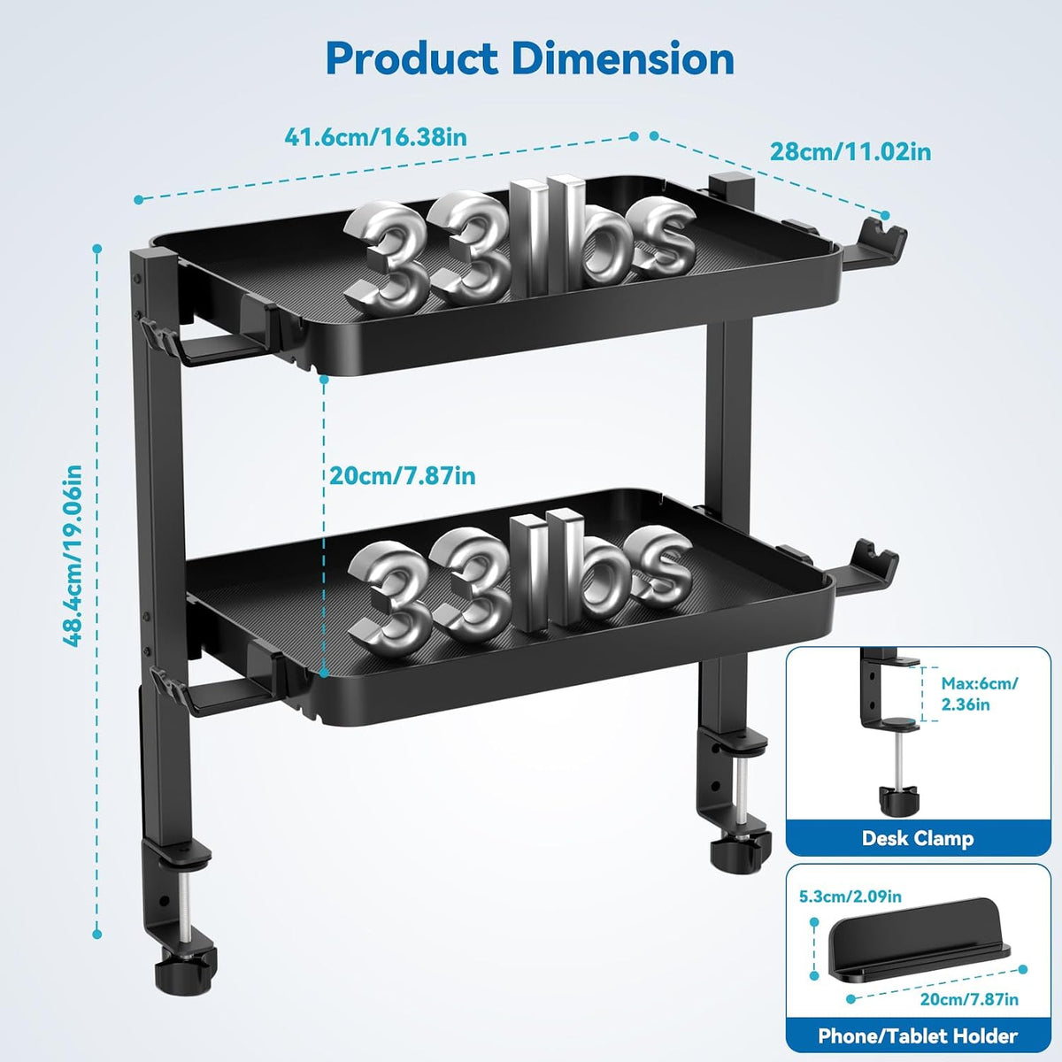 KDD Clamp On Desk Organizer - Adjustable 2-Tier Above or Under Desk Shelves w...