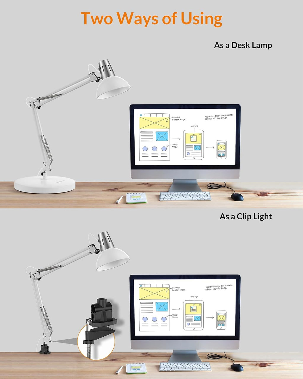lepower metal adjustable desk lamp with clamp, swing, side view