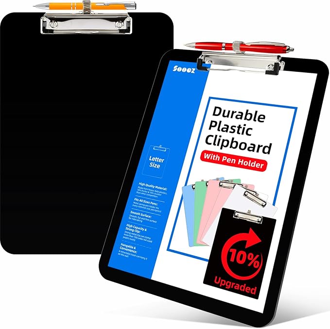 Sooez Plastic Clipboard with Pen Holder, Clip Boards 8.5x11 with Low Profile by Sooez