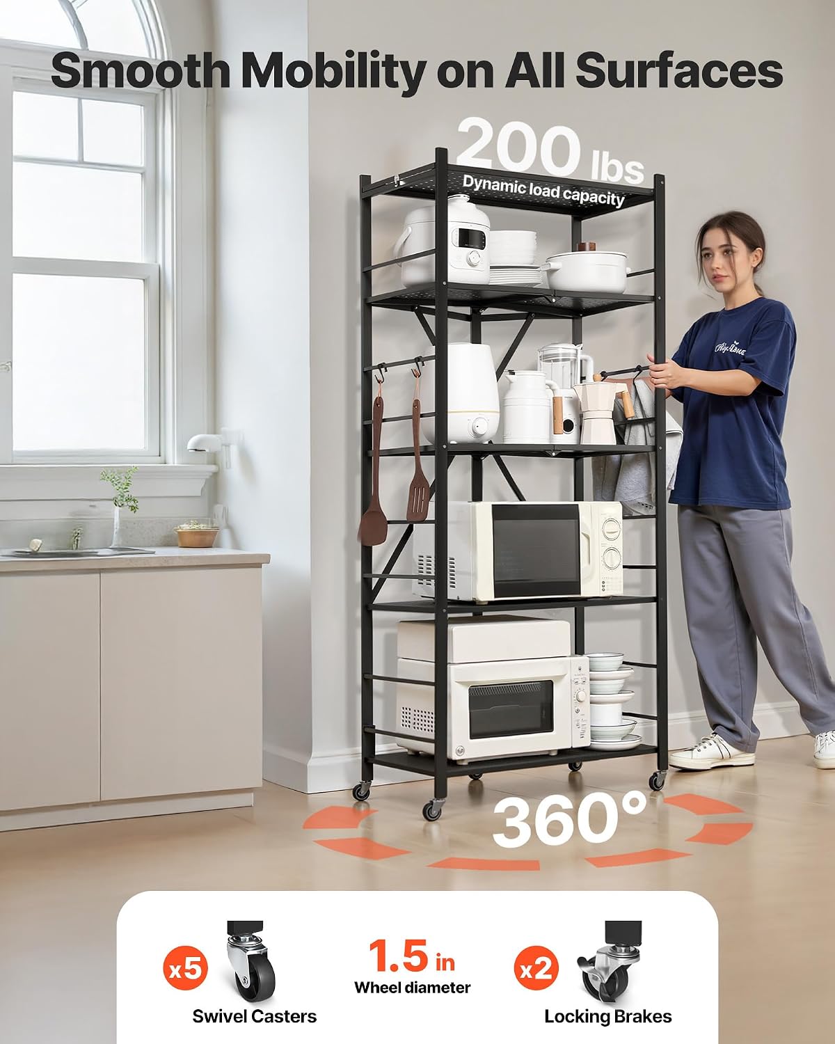VEVOR 5-Tier Foldable Storage Shelf, 28W x 15D x 64H Inch Folding Metal Rack ...