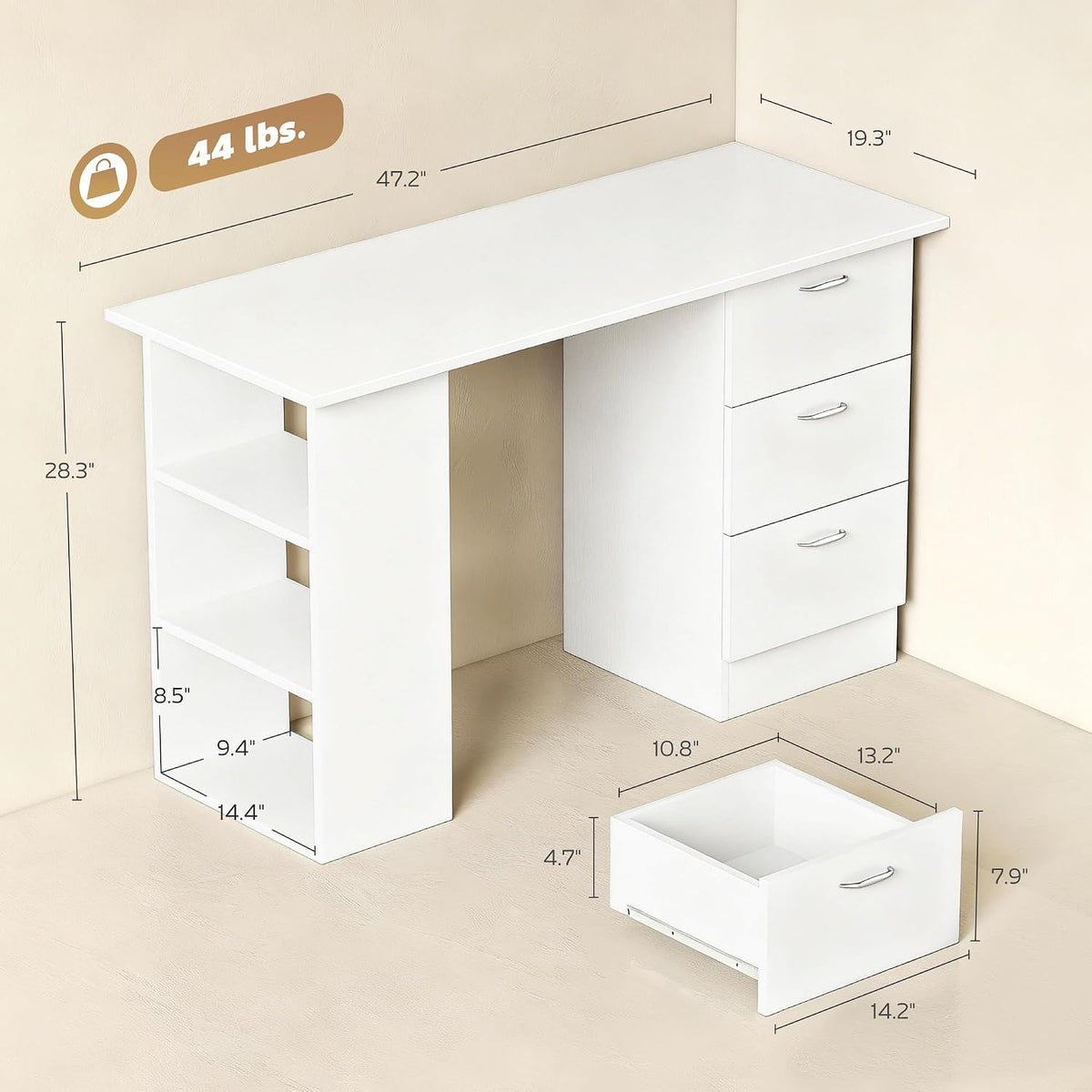 HOMCOM 47" Computer Desk with Drawers for Home Office, White