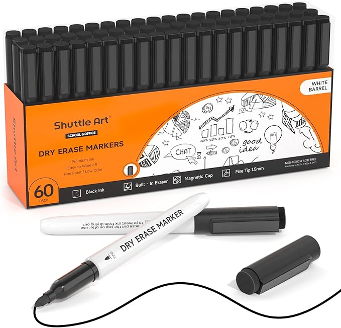 Shuttle Art Black Dry Erase Markers, 60 Pack Magnetic Whiteboard Markers by ShuttleArt