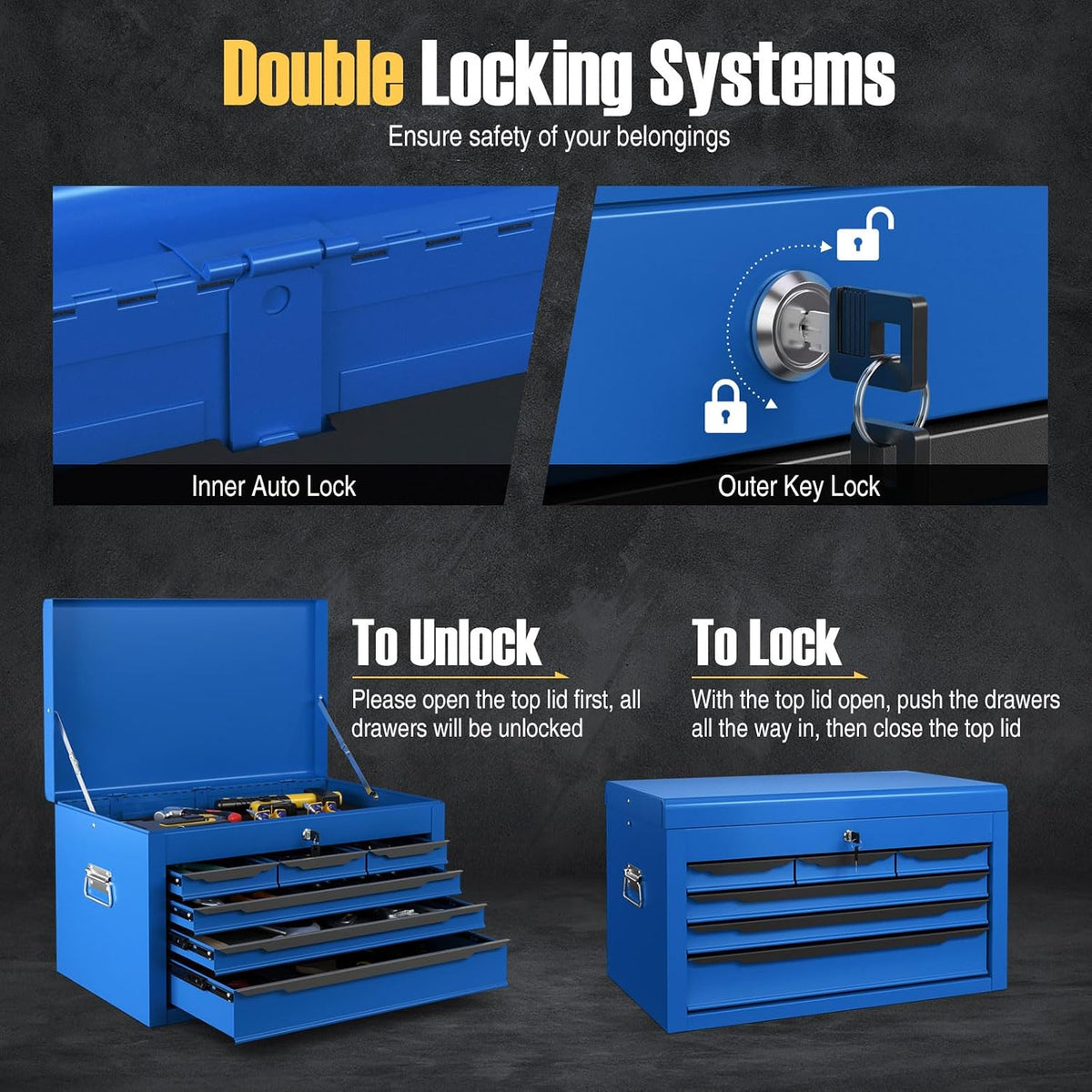 Tool Box, 6-Drawer Steel Tool Chest with Top Storage Automatic Lock & EVA...