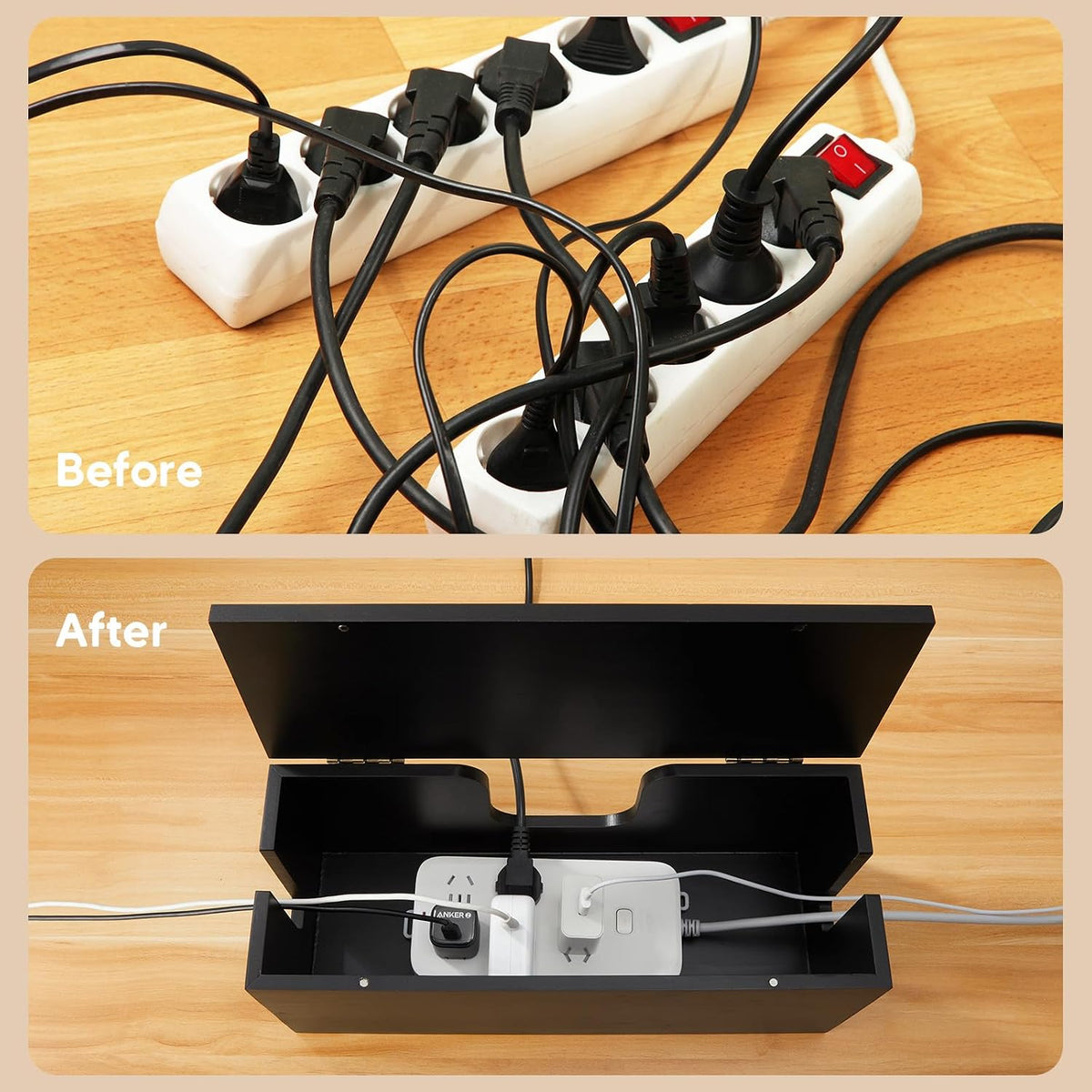 Large Cable Management Box - Wood Cable Organizer Box and Power Strip Box for...