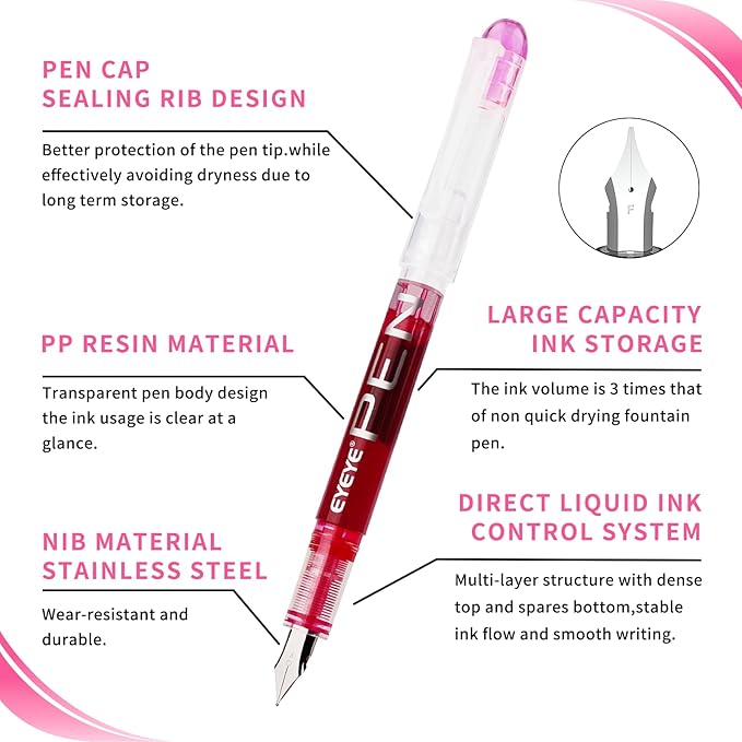 EYEYE Disposable Fountain Pens, 8 Pack Multicolor Fine Point Fountain Pens - Image 3