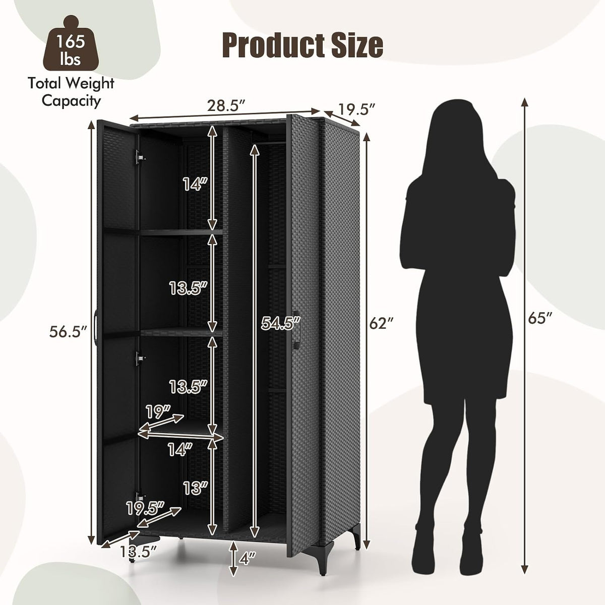 giantex 62” tall outdoor wicker storage cabinet with, close-up detail