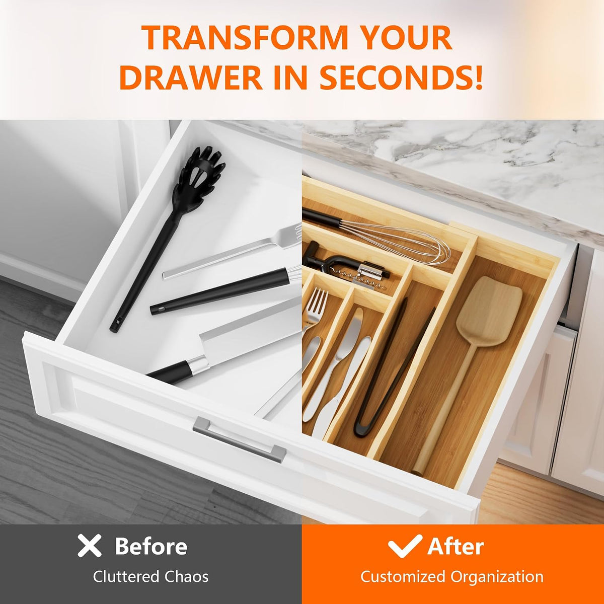 Expandable Bamboo Drawer Organizer Cutlery 7-9 Slots Natural