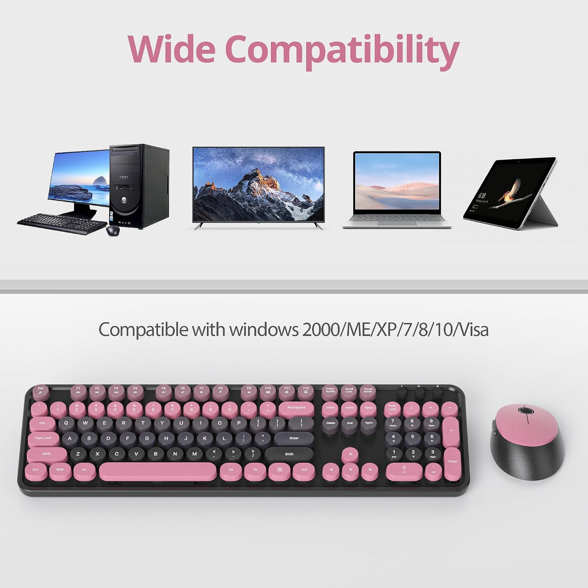 Pink Wireless Keyboard and Mouse, Cute Keyboard and Mouse Combo, Full Size Ty...