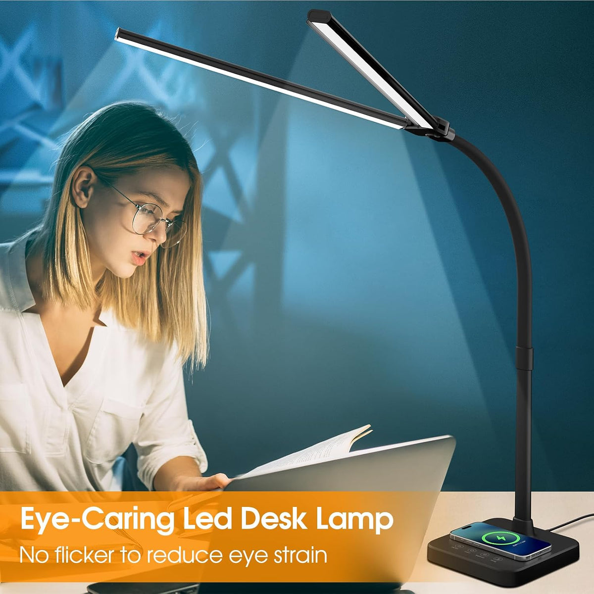 ShineTech LED Desk Lamp, 24W Double Head Desk Light with Wireless Charging