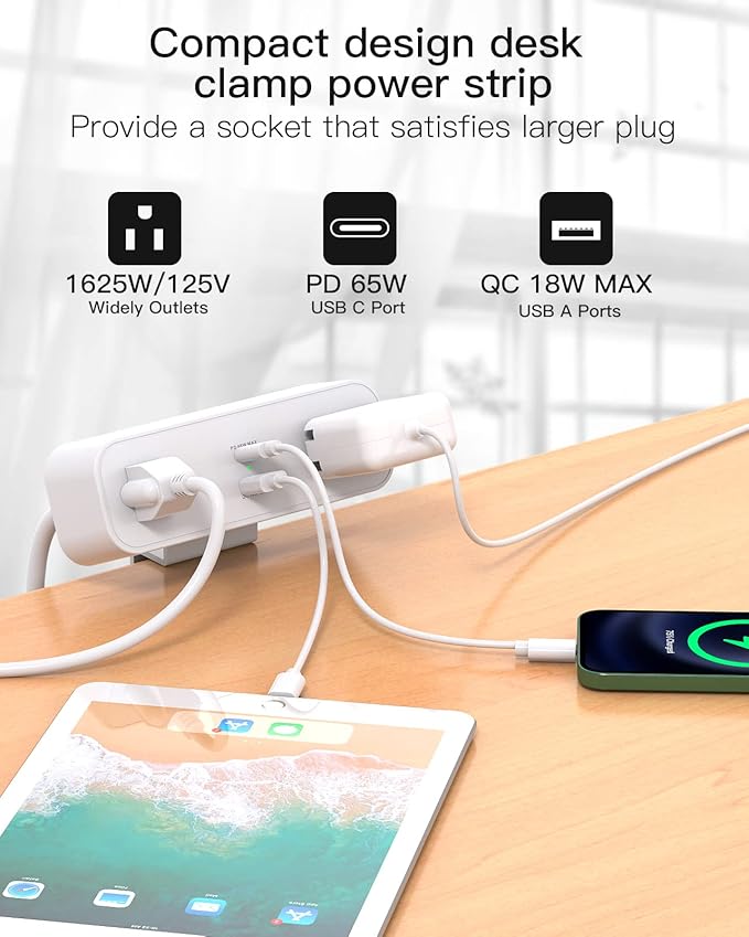 Desk Clamp Power Strip, 65W 10ft Extension Cord- 2 Outlets Desktop Power Strip - Image 2