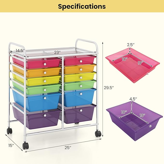 LDAILY 12 Drawer Rolling Storage Cart, Craft Cart Organizer on Wheels w/Metal - Image 3