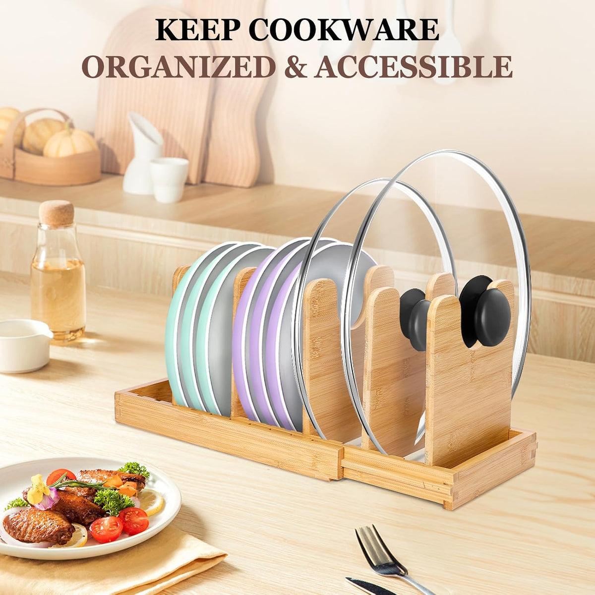 Bamboo Expandable Pot Lid Organizer, Pots and Pans Holder Rack for Cabinet