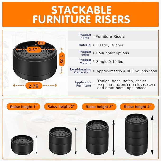 Furniture Risers Bed Risers Heavy Duty 1 inch, 2 inch, 3 inch, 4 inch Round - Image 2