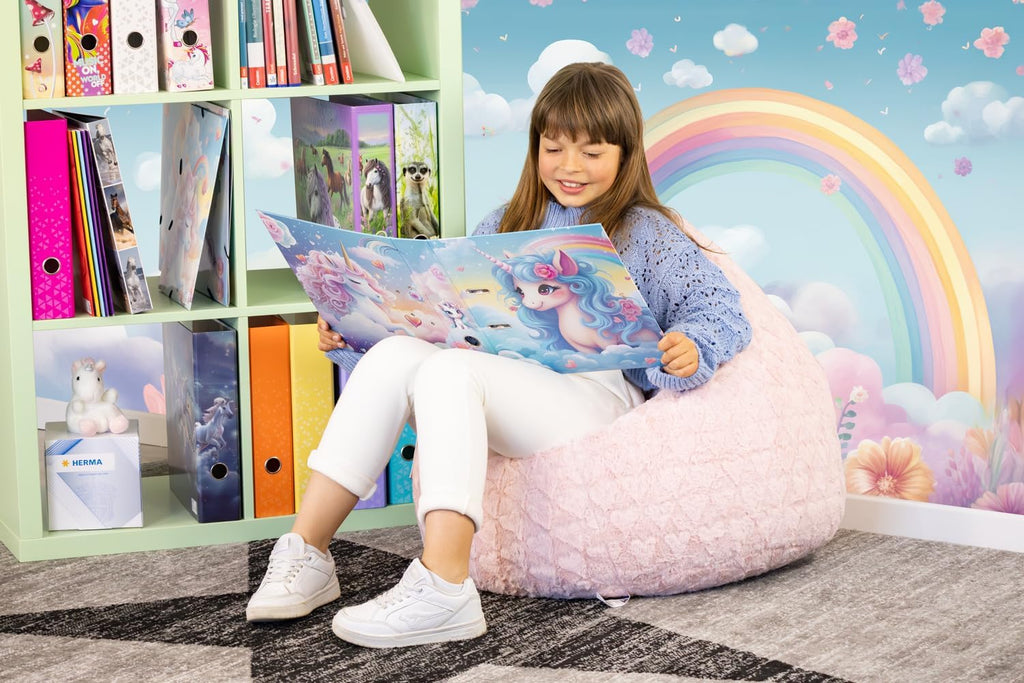 HERMA A4 Lever Arch File Happy Unicorn, 70mm Spine, Heavy Duty Folder with Animal Motif, Glossy Finish & Inner Print, Kids Ring Binder, Archiving Folder & Storage File Organizer