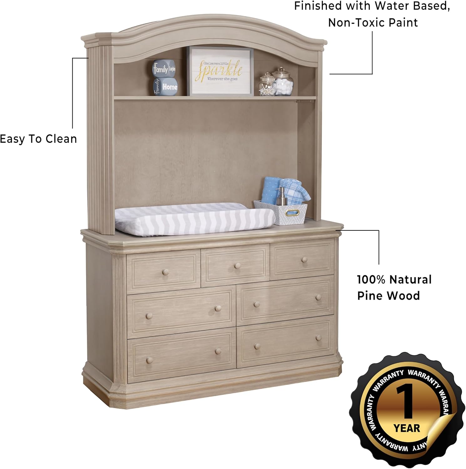 Sorelle Universal Hutch for Providence 7 Drawer Double Dresser – Nursery Dresser Topper with Adjustable Shelf