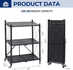 3 tier foldable storage shelves with wheels, metal, close-up detail