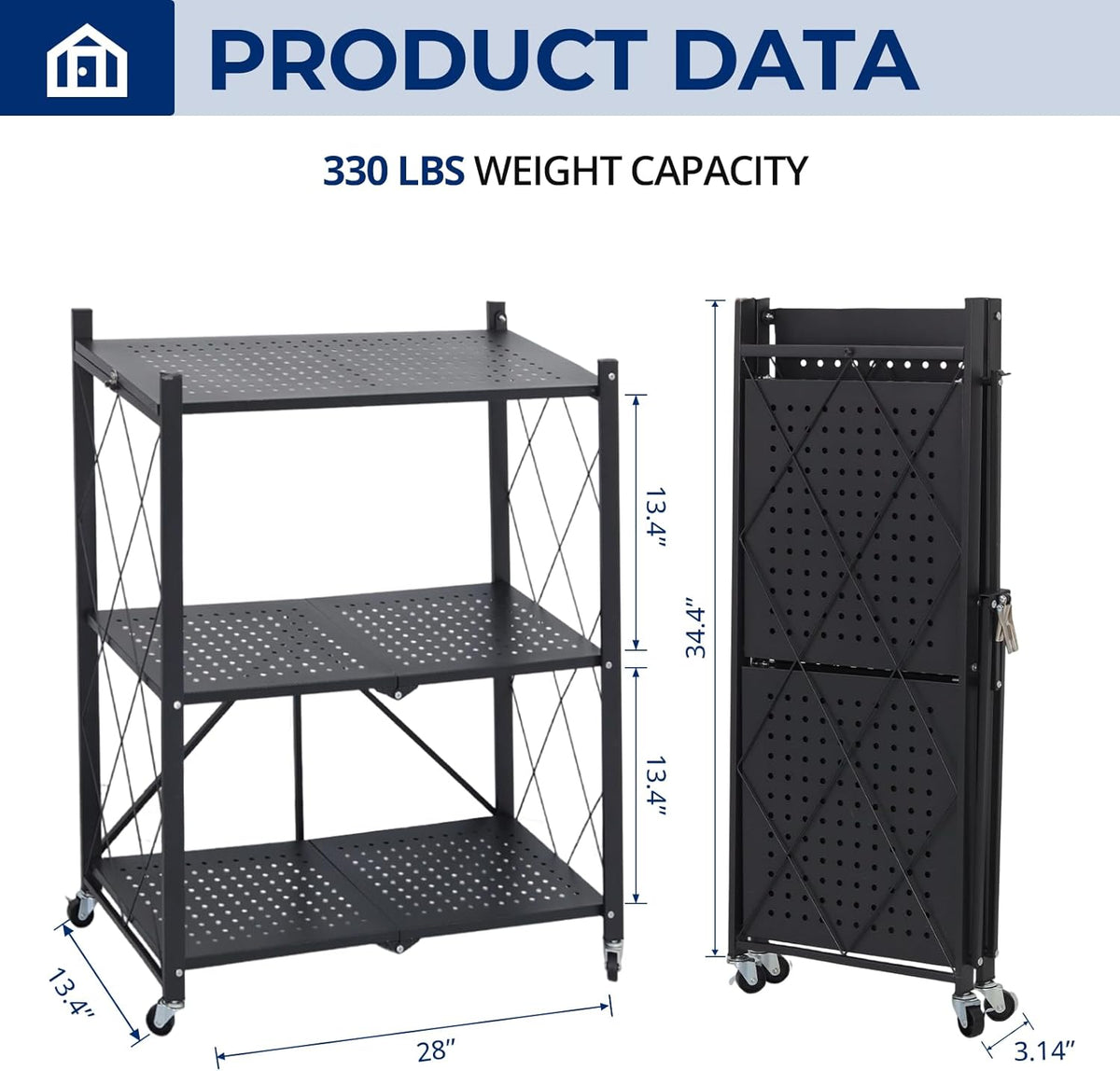 3 tier foldable storage shelves with wheels, metal, close-up detail