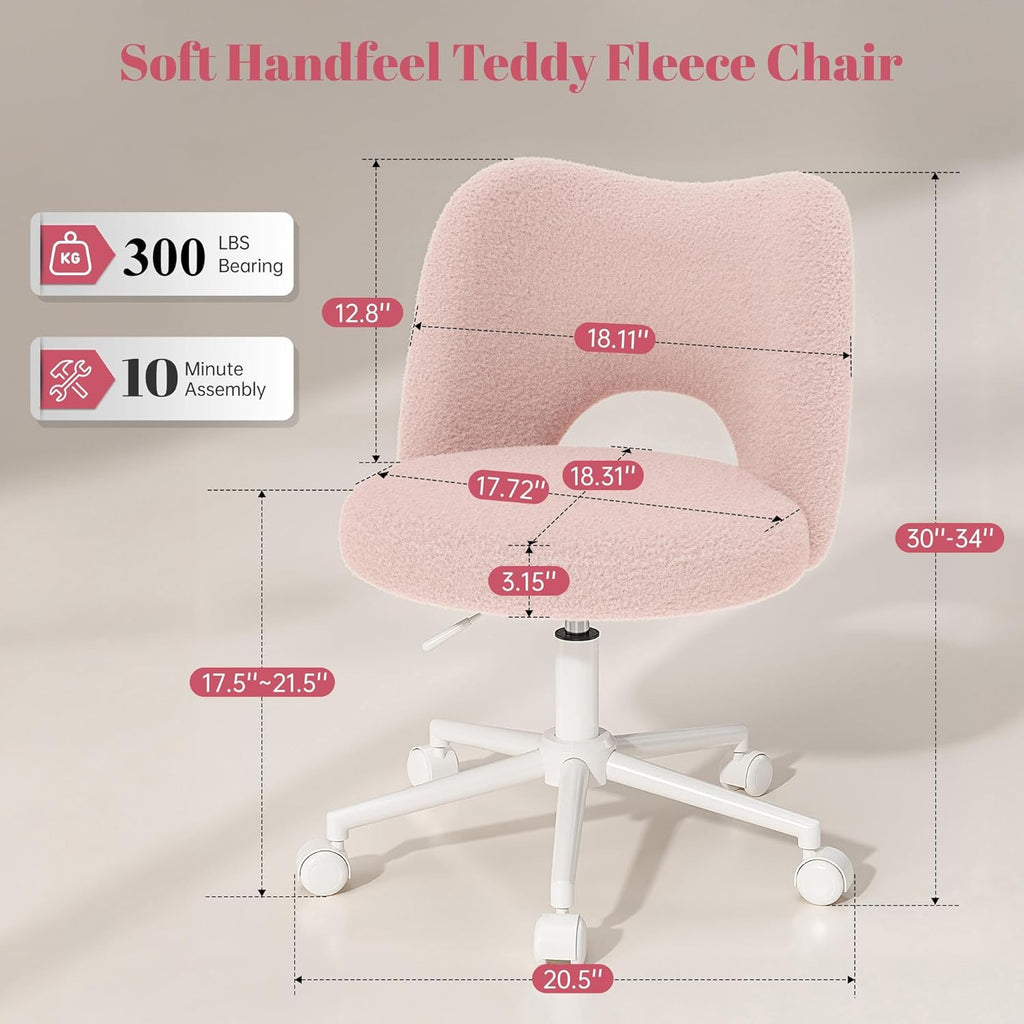DurayLoly Vanity Chair with Open Back & Wheels,Armless,Pink | Armless,Silent Wheels, Height Adjustable, Soft Teddy Fabric, 360° Swivel for Bedroom Vanity & Home Office, Candy Pink