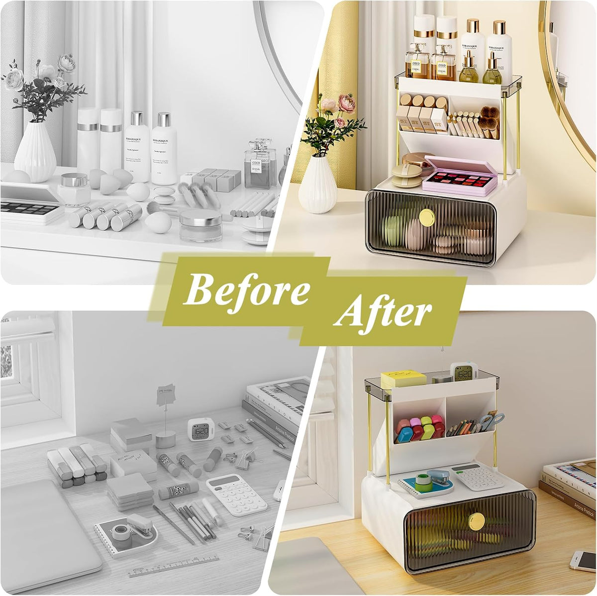 FOLLOWIN 3 Tier Makeup Organizer, Vanity Desk Cosmetic Display with Drawer