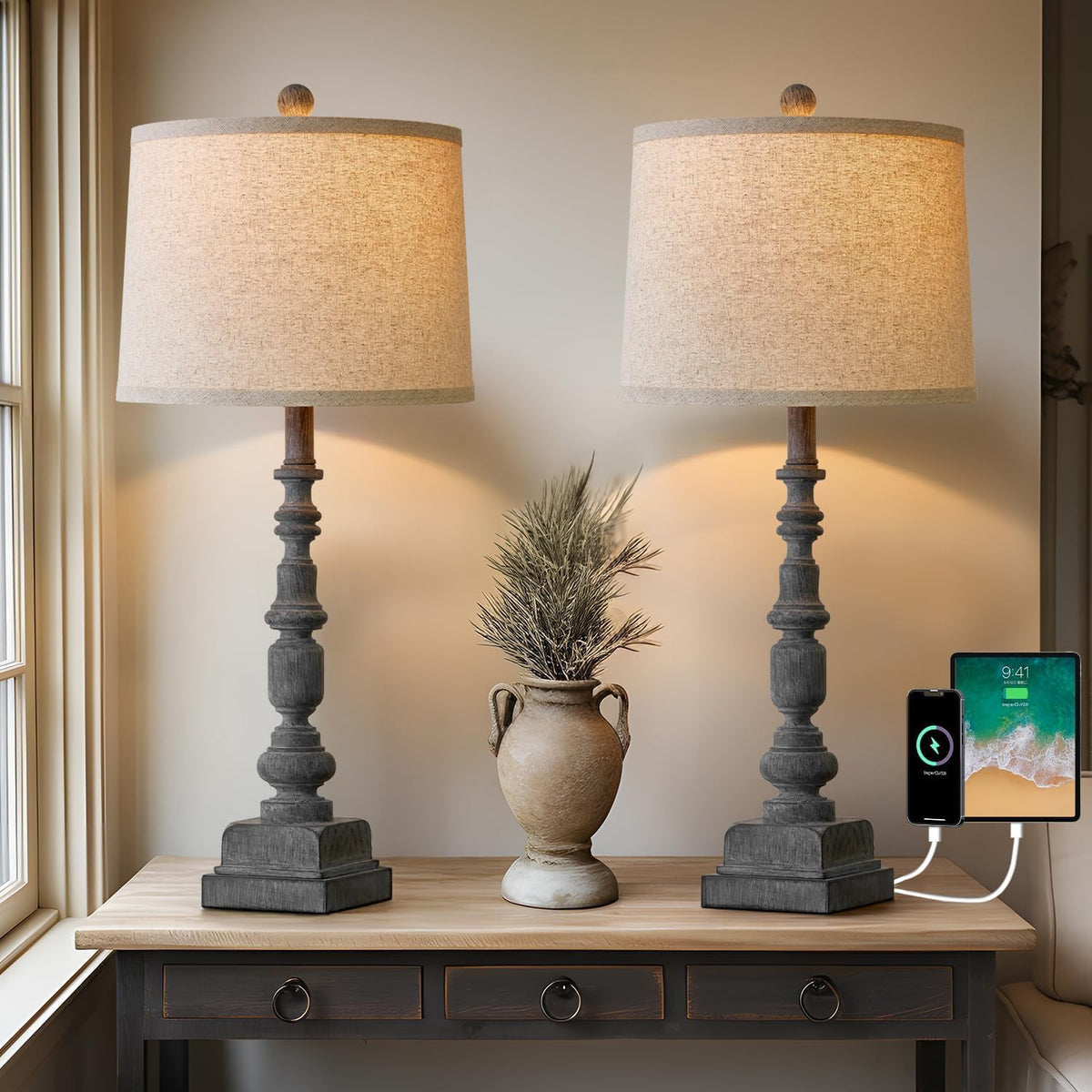 Oneach 27.75" Farmhouse Table Lamps Set of 2 for Living Room, USB A+C Port