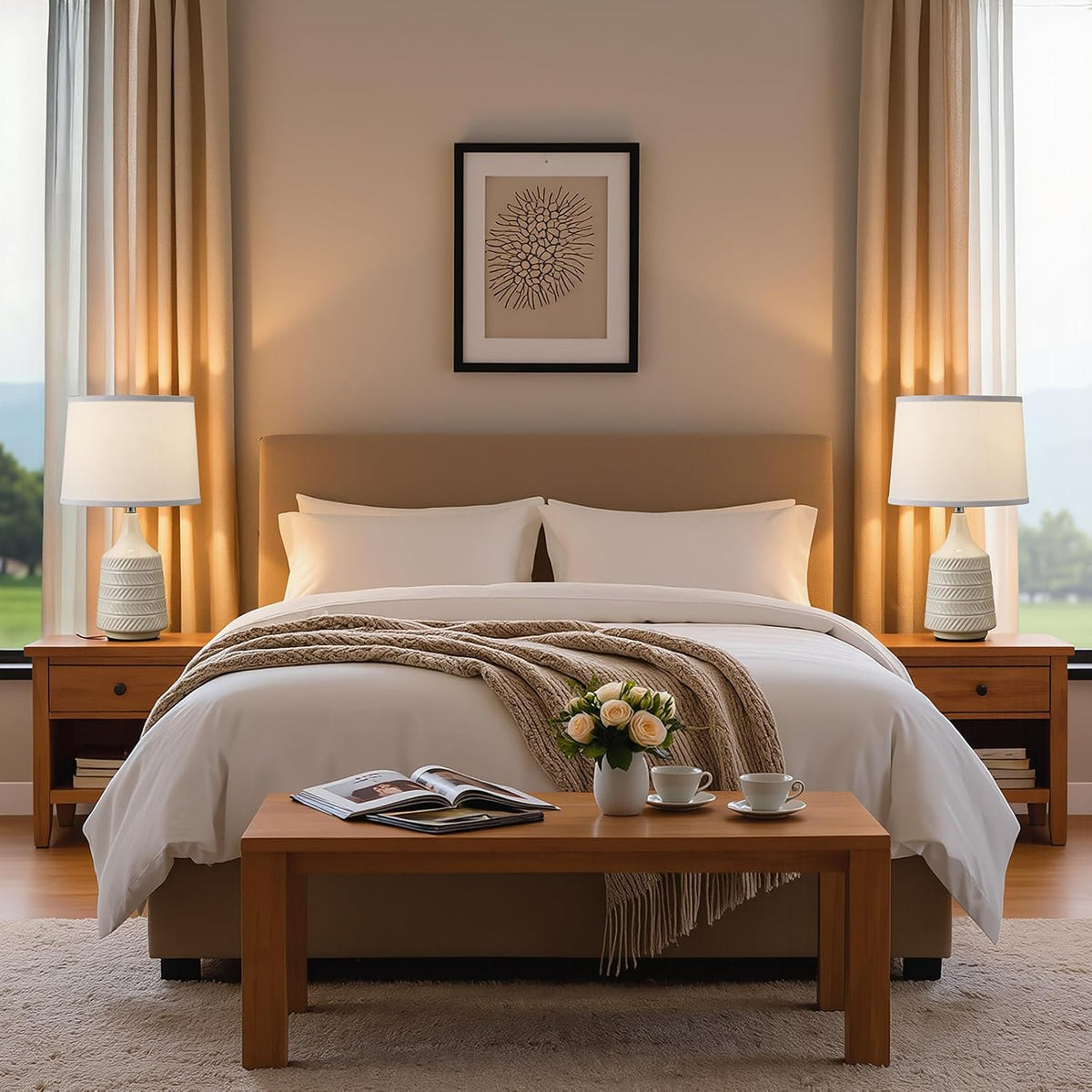 White Ceramic Table Lamps Set of 2, 18.5" Modern Bedside Lamps for Night...