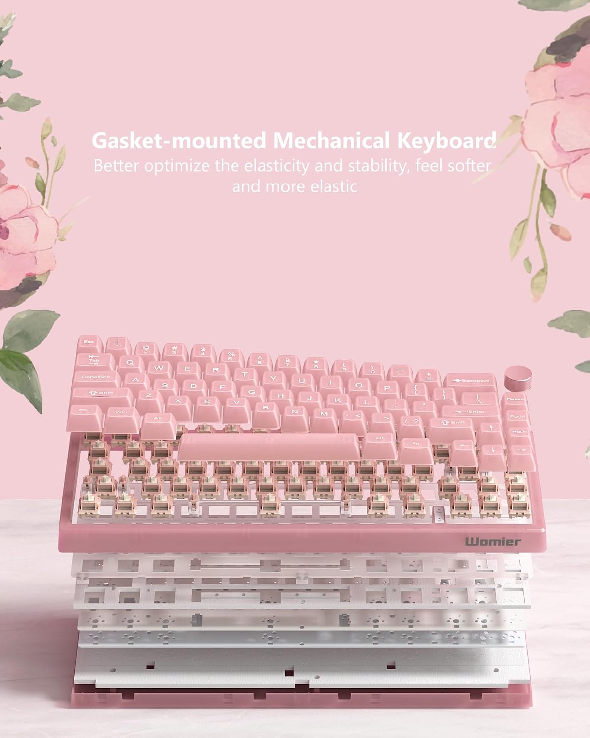 Womier 60% Keyboard QMK/VIA, Pink Gaming Mechanical Keyboard Creamy