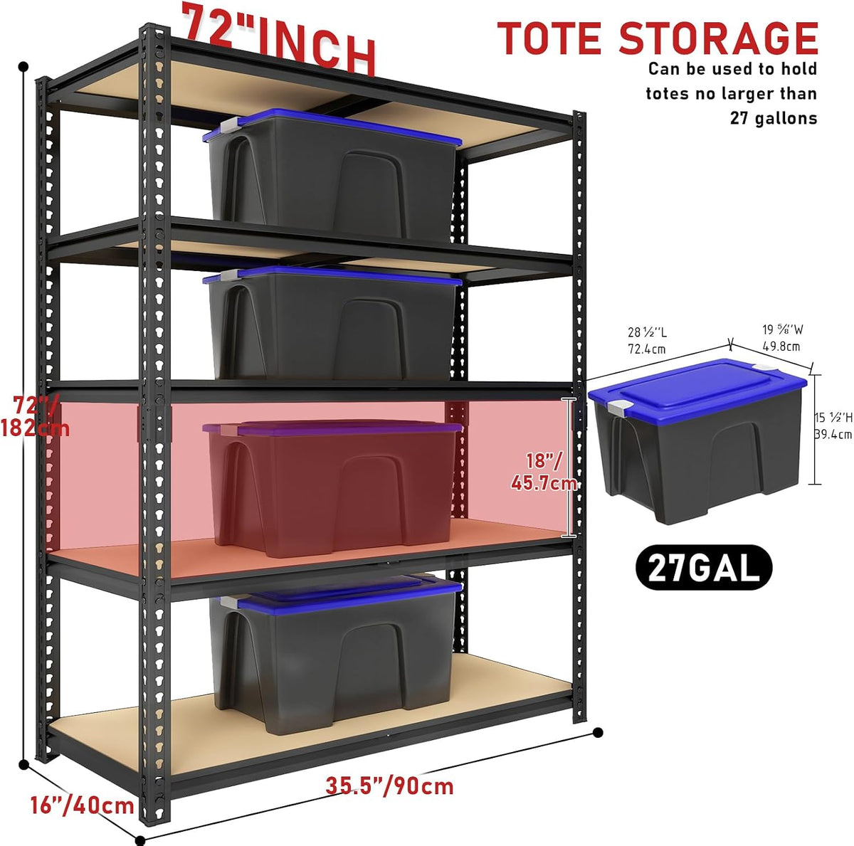 72" h heavy duty garage shelving, 2400lbs capacity, close-up detail