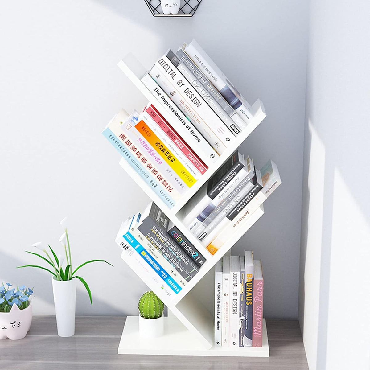 Small Bookshelf for Desk Decor, 5-Tier White Wood desktop bookshelf