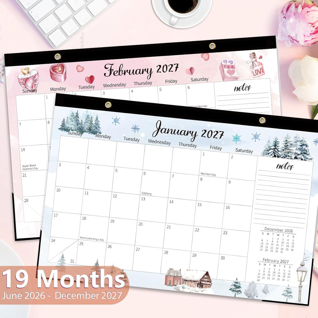 GuassLee Large Desk Calendar 2026-2027, 19 Months, 17" x 11.5" | Jun 2026-Dec 2027 Desktop/Wall Calendar, Monthly Planner with Watercolor Design for Office School Home Organizing